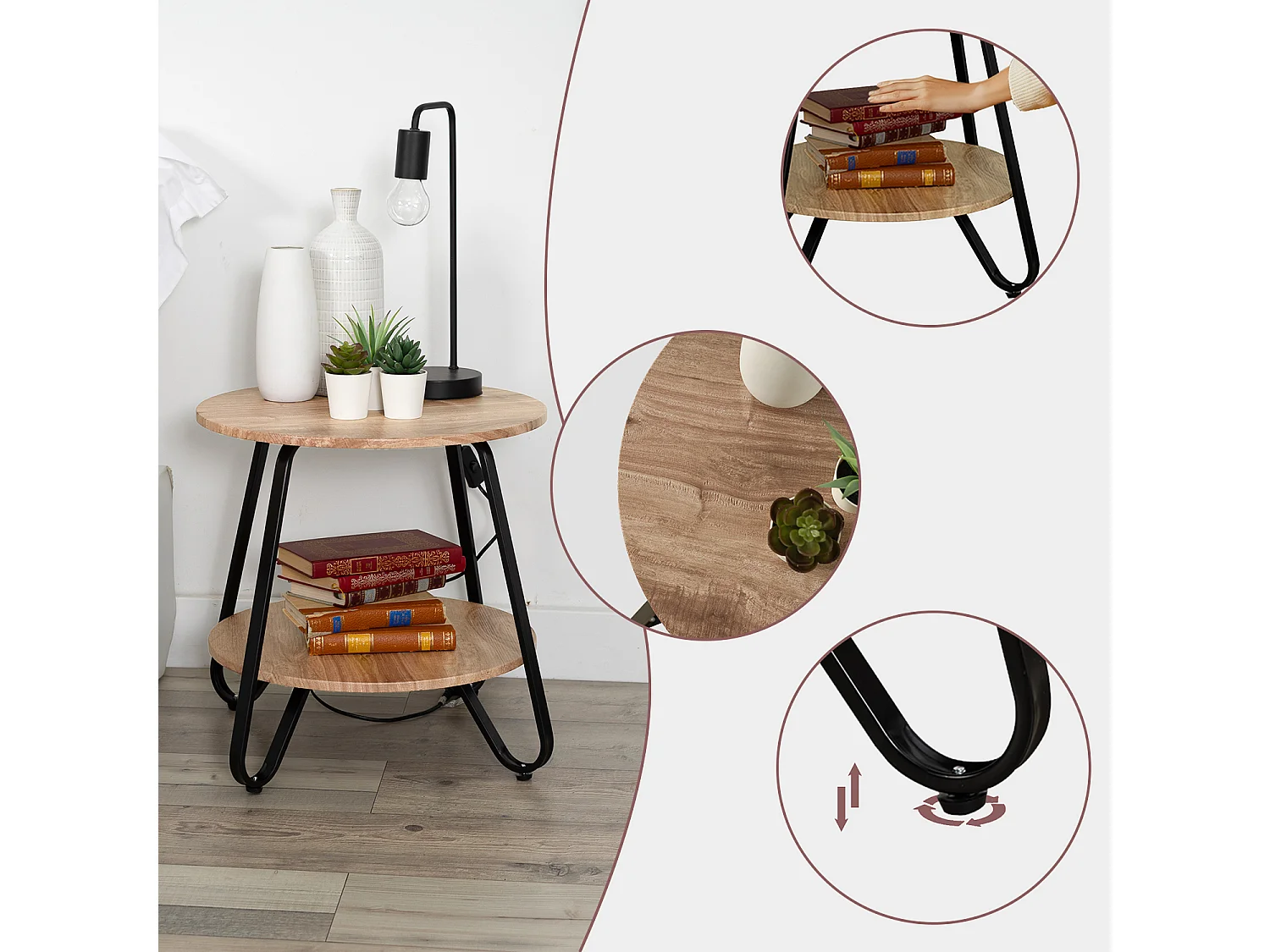 KONYANIGHT - Table de chevet ronde en métal noir avec plateau effet chêne et 2 niveaux de rangement