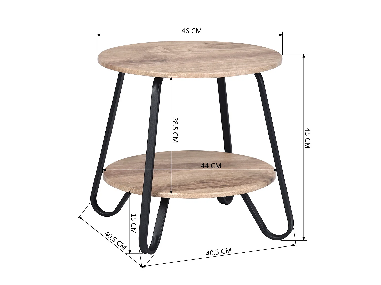KONYANIGHT - Table de chevet ronde en métal noir avec plateau effet chêne et 2 niveaux de rangement