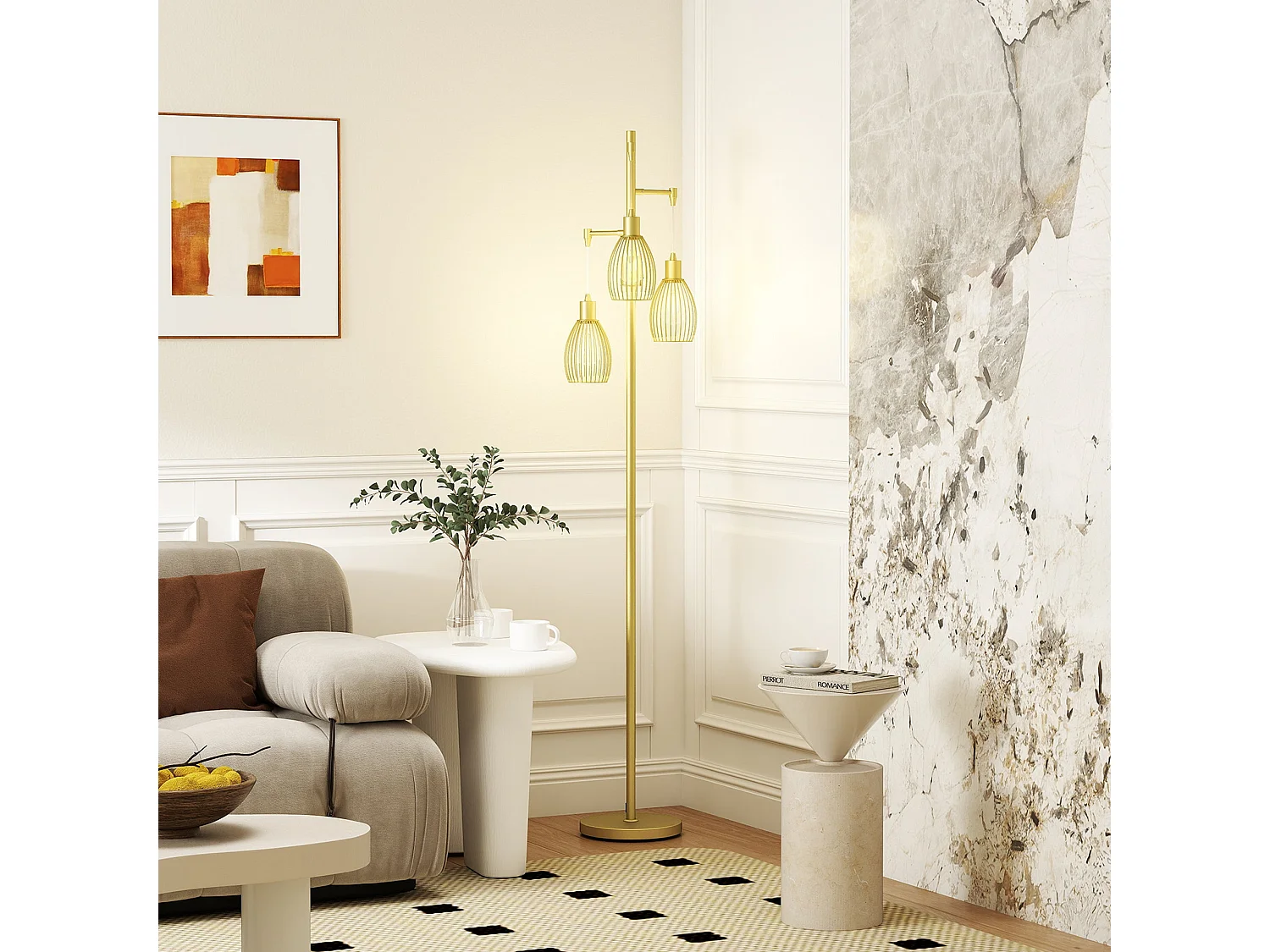 Rodi Metal Gold Tone Industrial 3 Light Floor Lamp with Wire Cage Shades
