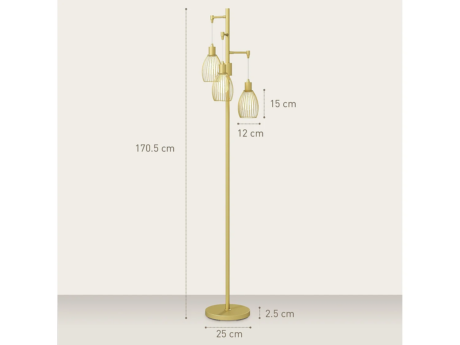 Rodi Metal Gold Tone Industrial 3 Light Floor Lamp with Wire Cage Shades