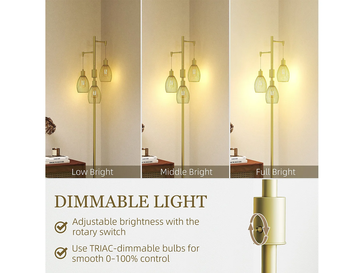 Rodi Metal Gold Tone Industrial 3 Light Floor Lamp with Wire Cage Shades