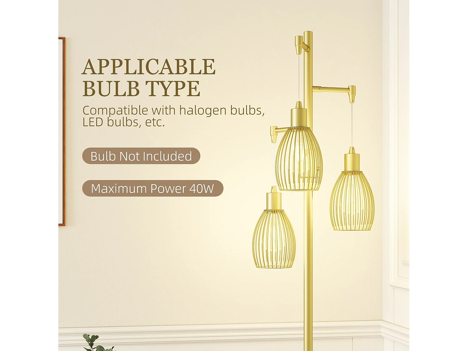 Rodi Metal Gold Tone Industrial 3 Light Floor Lamp with Wire Cage Shades