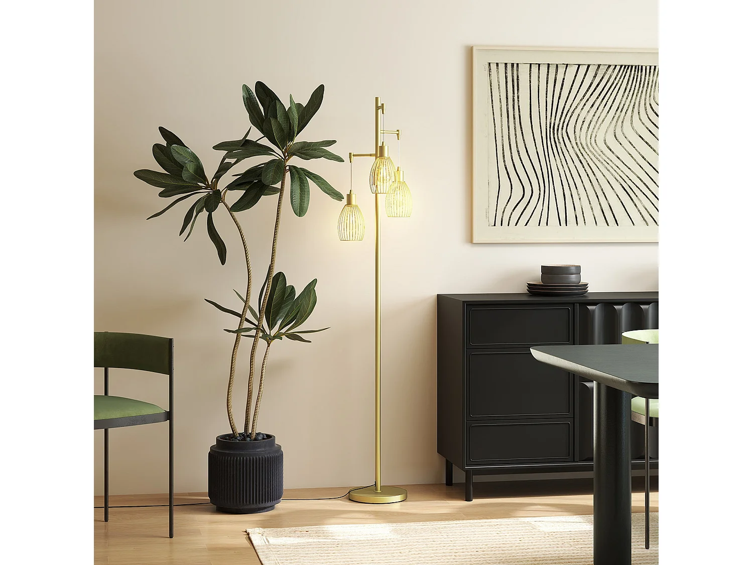 Rodi Metal Gold Tone Industrial 3 Light Floor Lamp with Wire Cage Shades