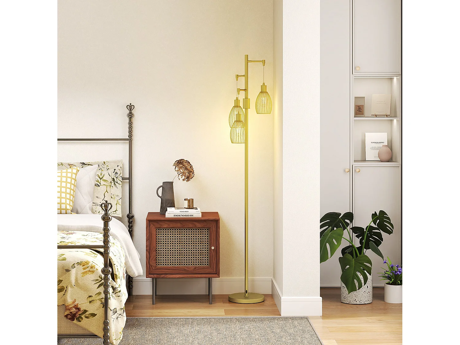 Rodi Metal Gold Tone Industrial 3 Light Floor Lamp with Wire Cage Shades