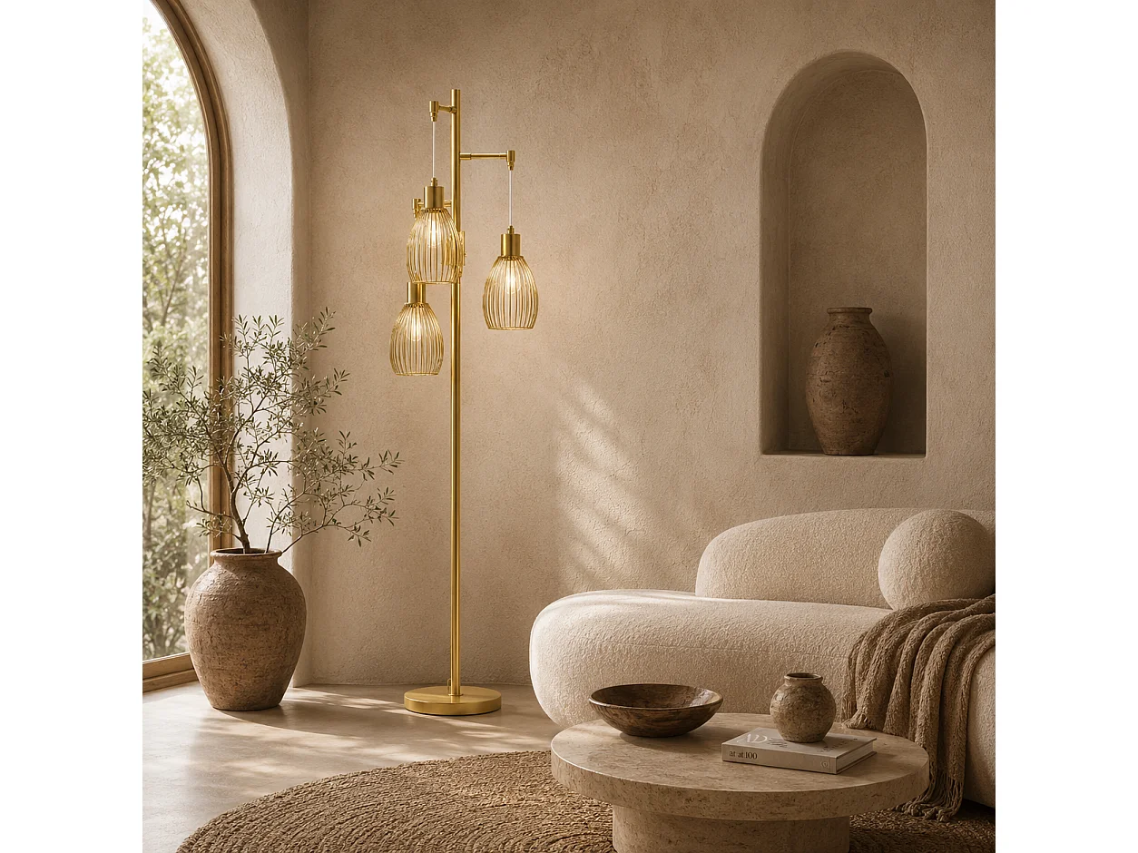 Rodi Metal Gold Tone Industrial 3 Light Floor Lamp with Wire Cage Shades