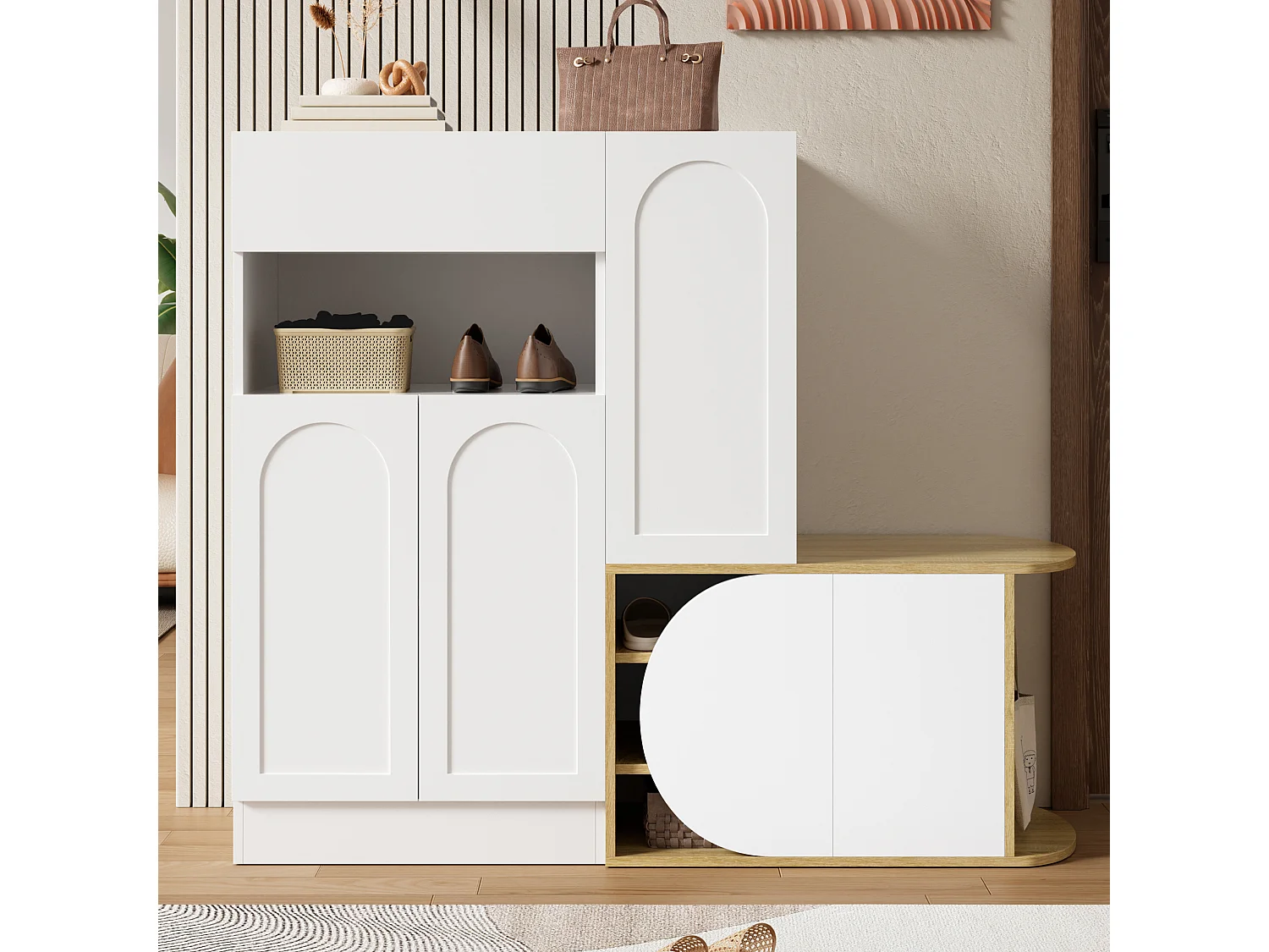 Meuble à chaussures moderne 130x35x110cm - avec 1 tiroir et 5 portes - étagères ouvertes - Blanc