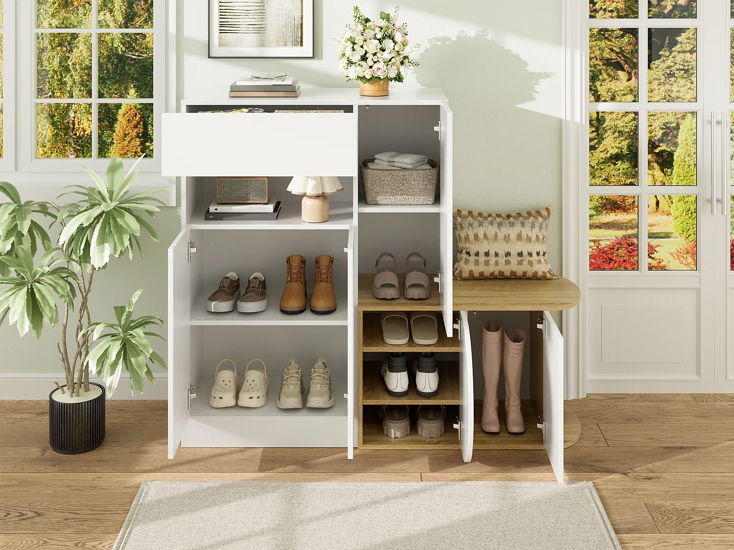 Meuble à chaussures moderne 130x35x110cm - avec 1 tiroir et 5 portes - étagères ouvertes - Blanc