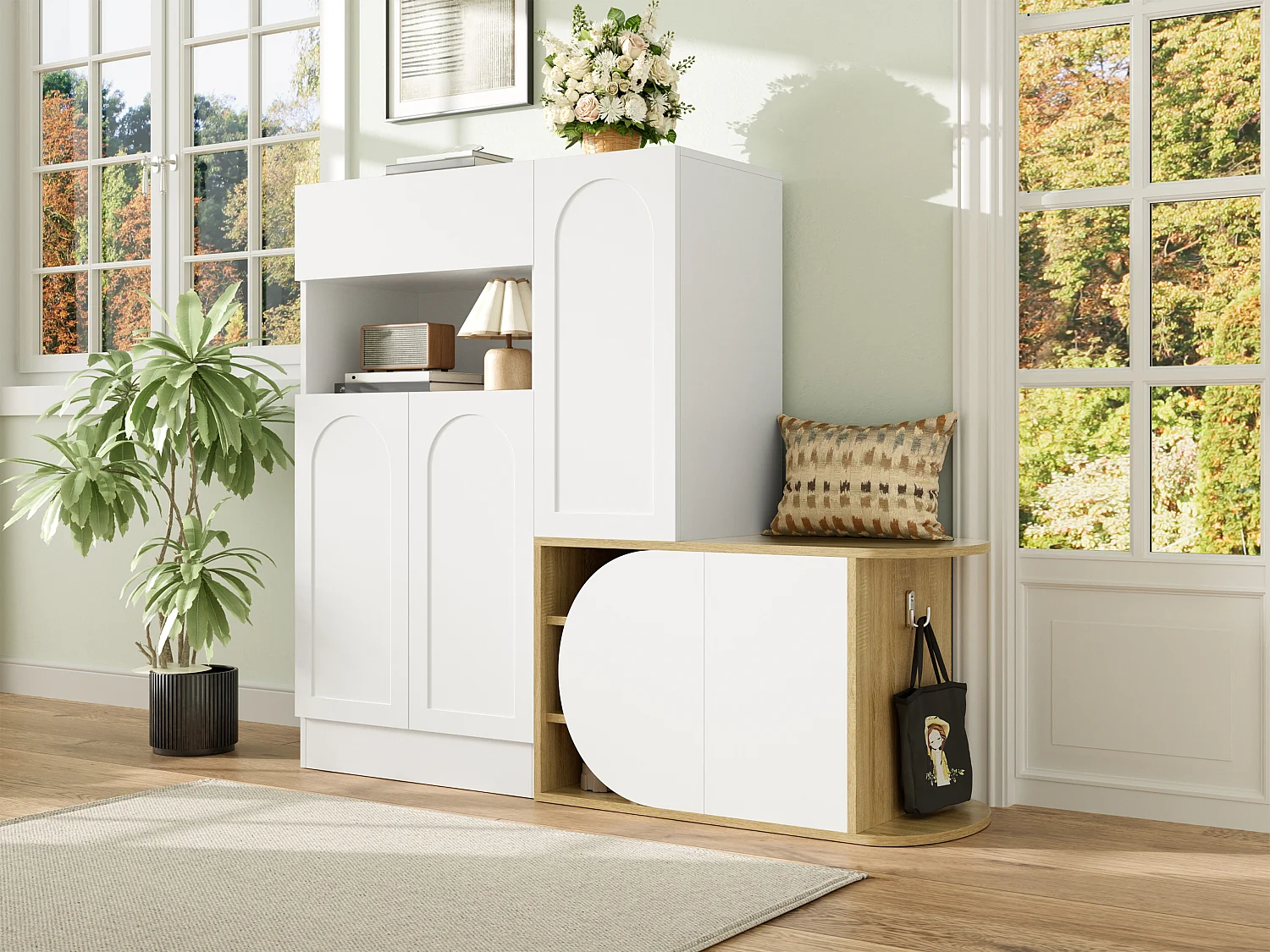 Meuble à chaussures moderne 130x35x110cm - avec 1 tiroir et 5 portes - étagères ouvertes - Blanc