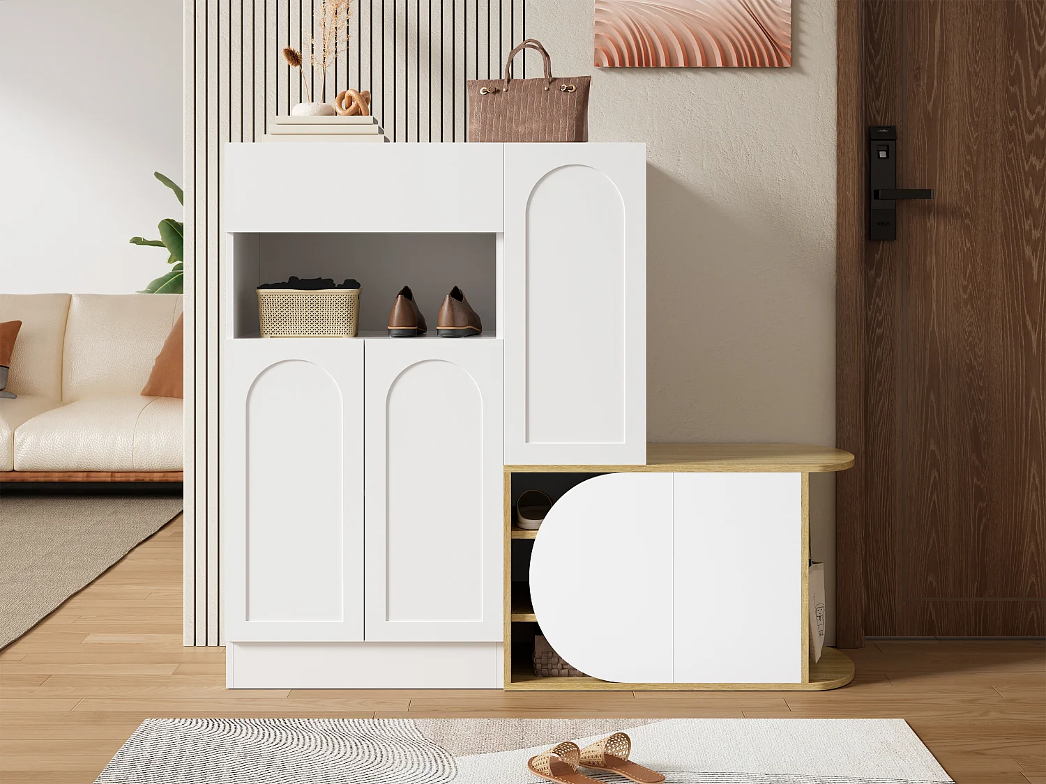 Meuble à chaussures moderne 130x35x110cm - avec 1 tiroir et 5 portes - étagères ouvertes - Blanc