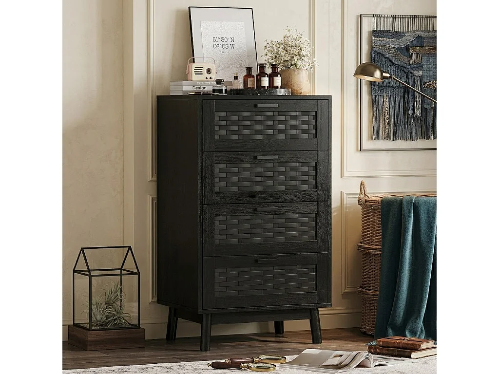 Commode en rotin à 4 tiroirs, meuble de rangement avec système anti-basculement, poignées et pieds, commode en bois pour chambre, bureau, 55x40x95 cm