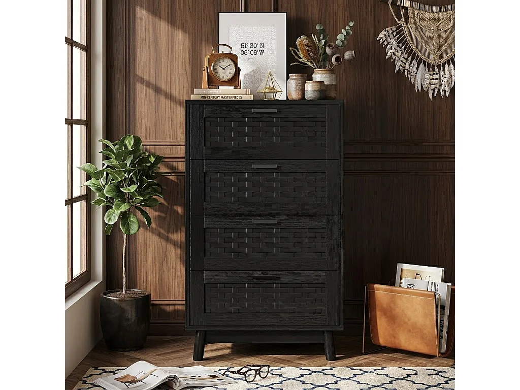 Commode en rotin à 4 tiroirs, meuble de rangement avec système anti-basculement, poignées et pieds, commode en bois pour chambre, bureau, 55x40x95 cm