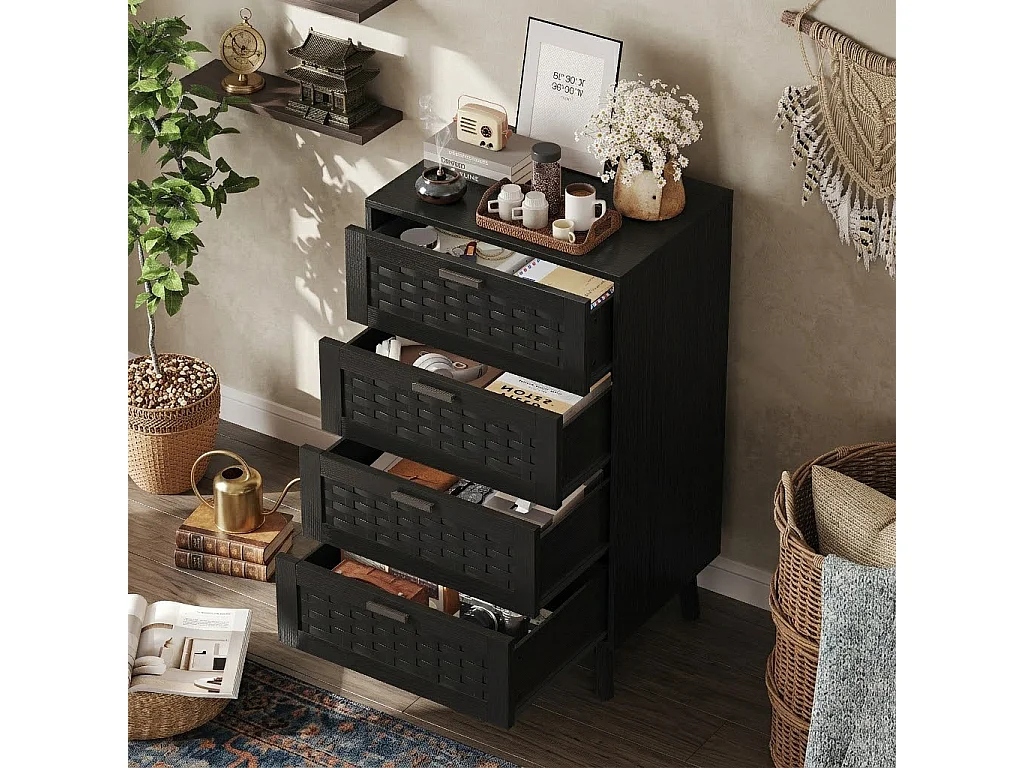 Commode en rotin à 4 tiroirs, meuble de rangement avec système anti-basculement, poignées et pieds, commode en bois pour chambre, bureau, 55x40x95 cm