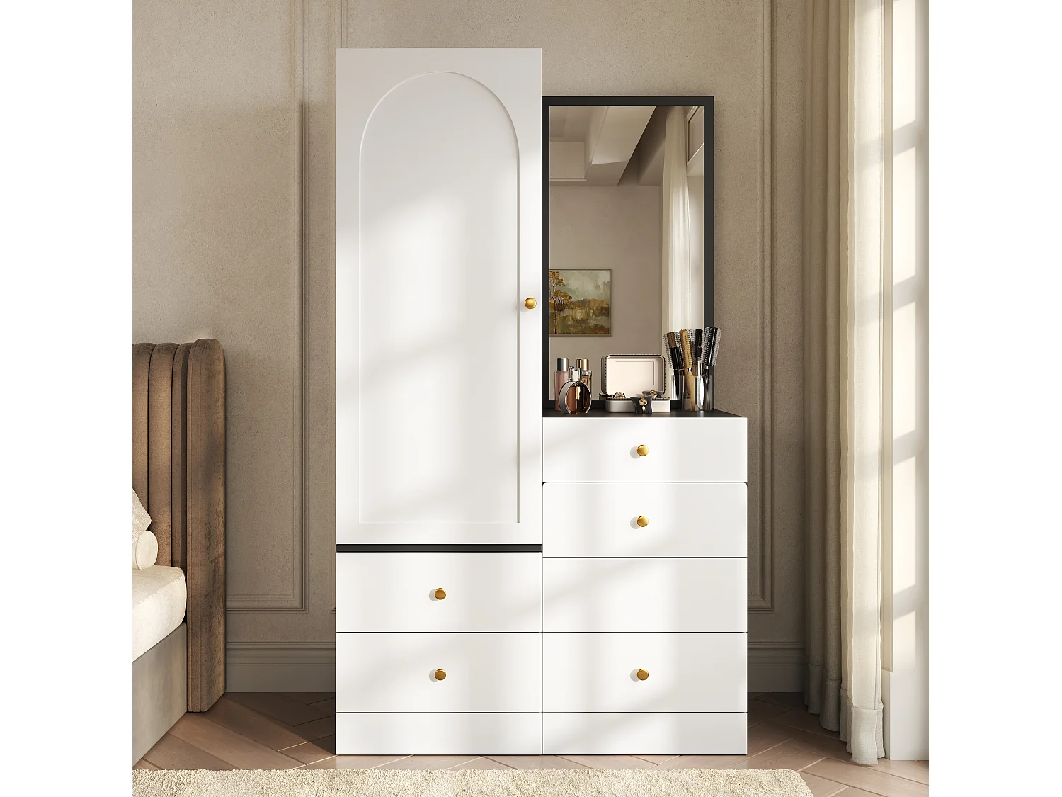 Schminktisch und Schrank - mit ausklappbarem Hocker und Ganzkörperspiegel - 1 Tür und 6 Schubladen - MDF - weiß und schwarz