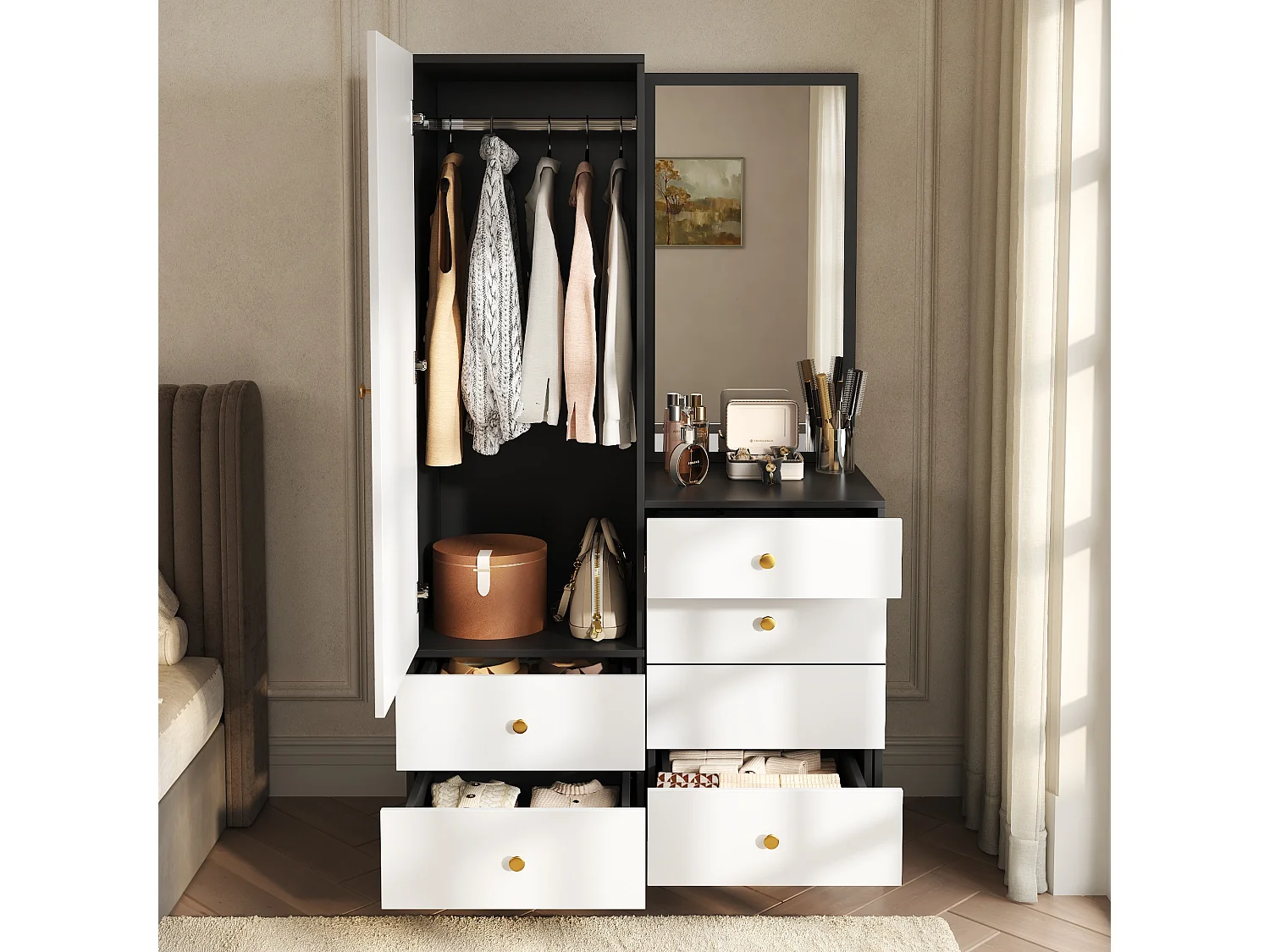 Schminktisch und Schrank - mit ausklappbarem Hocker und Ganzkörperspiegel - 1 Tür und 6 Schubladen - MDF - weiß und schwarz