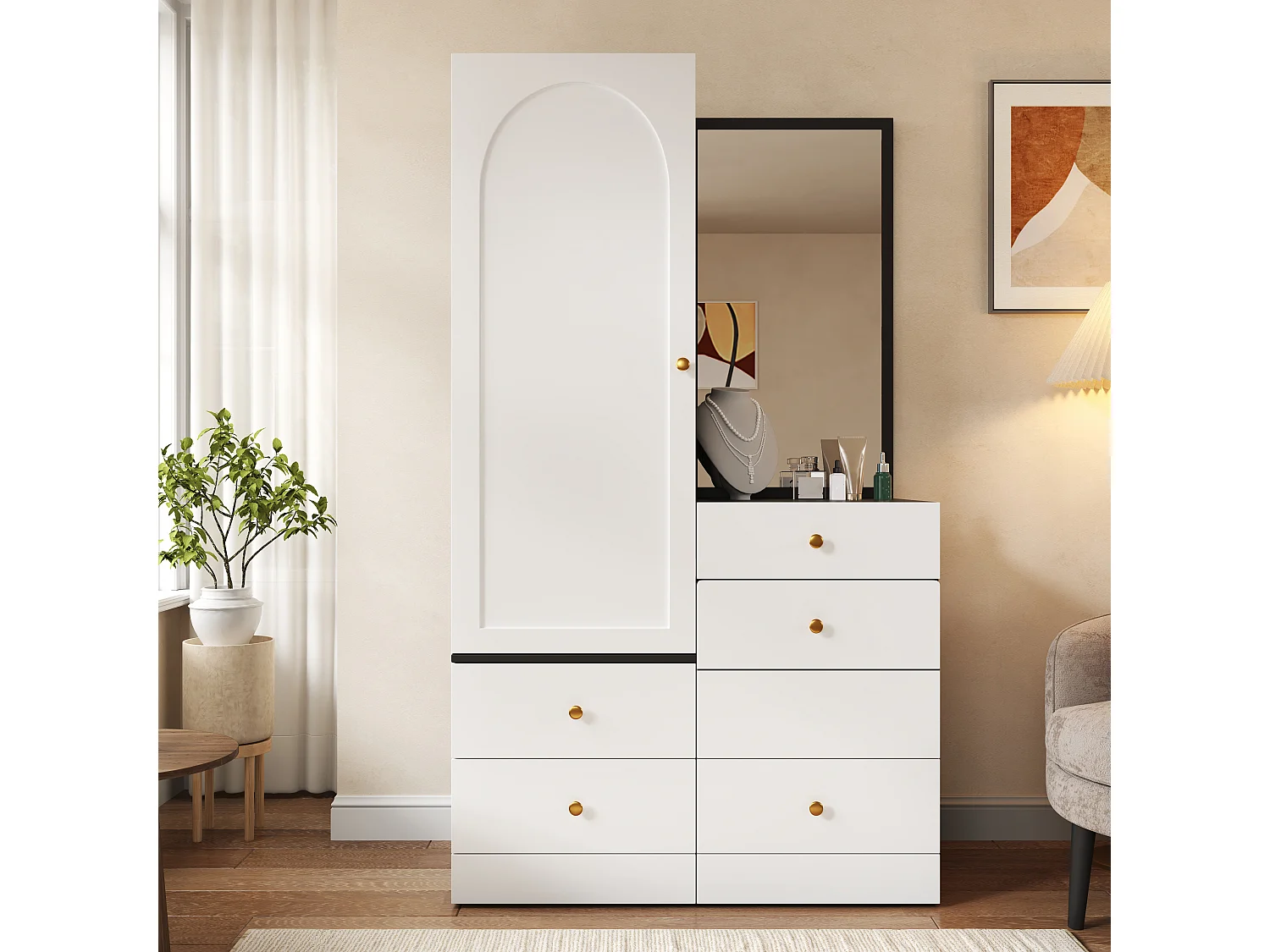 Schminktisch und Schrank - mit ausklappbarem Hocker und Ganzkörperspiegel - 1 Tür und 6 Schubladen - MDF - weiß und schwarz