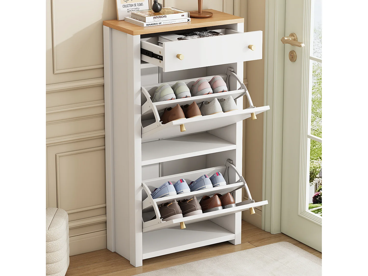 Meuble à chaussures moderne 50x25x95cm - avec 1 tiroir et 2 portes abattantes - étagères réglables et poignées métalliques - Blanc