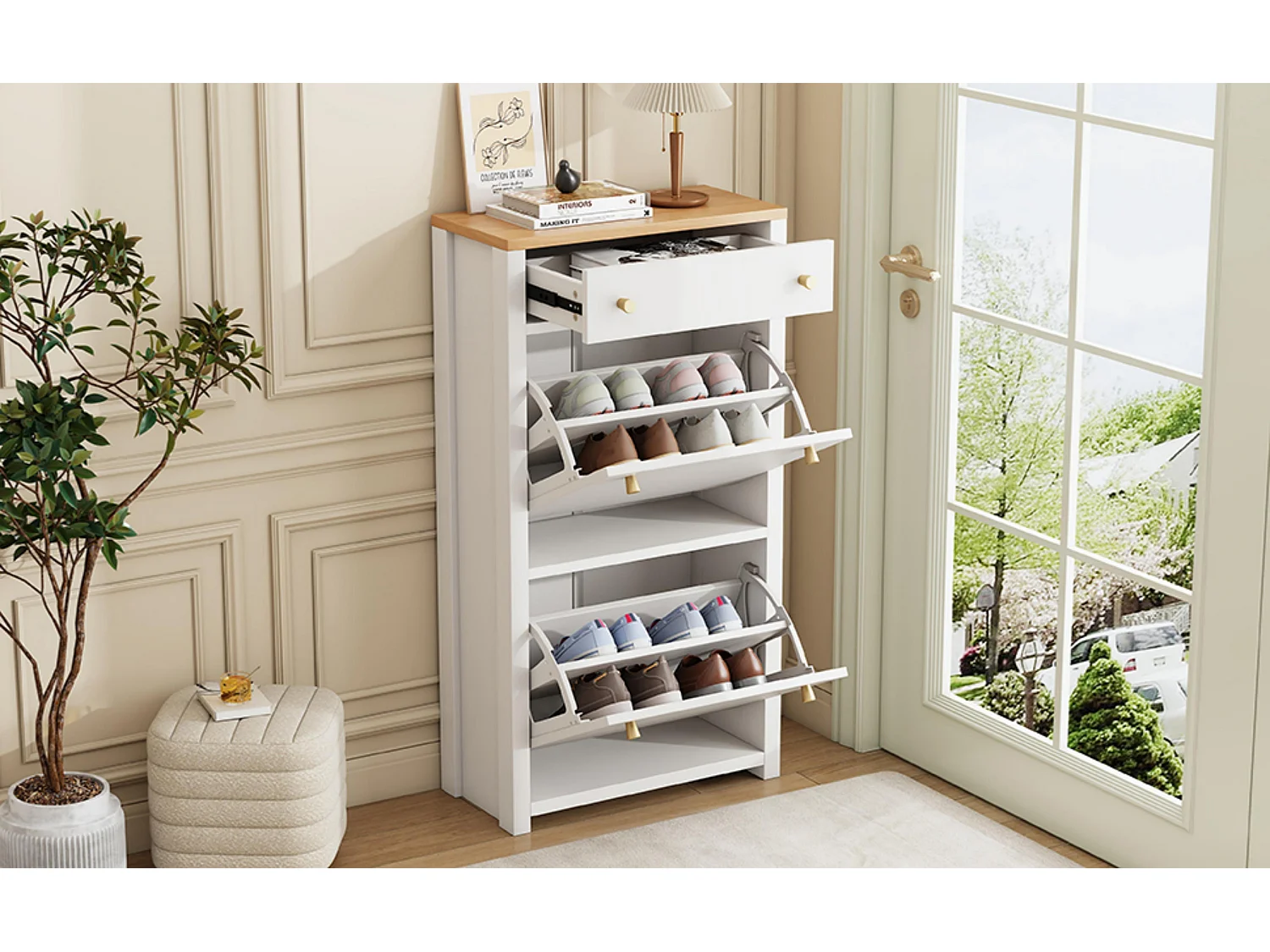 Meuble à chaussures moderne 50x25x95cm - avec 1 tiroir et 2 portes abattantes - étagères réglables et poignées métalliques - Blanc