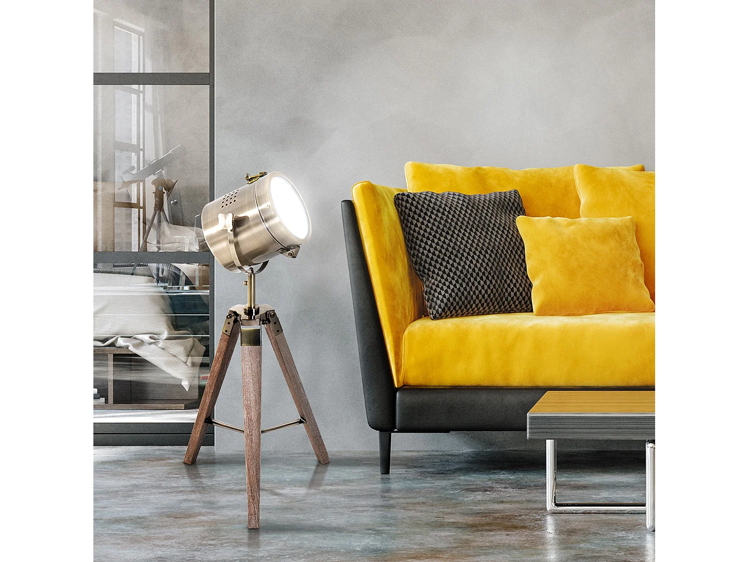 Vidira Vintage Brass Spotlight Tripod Table Lamp with Pine Legs