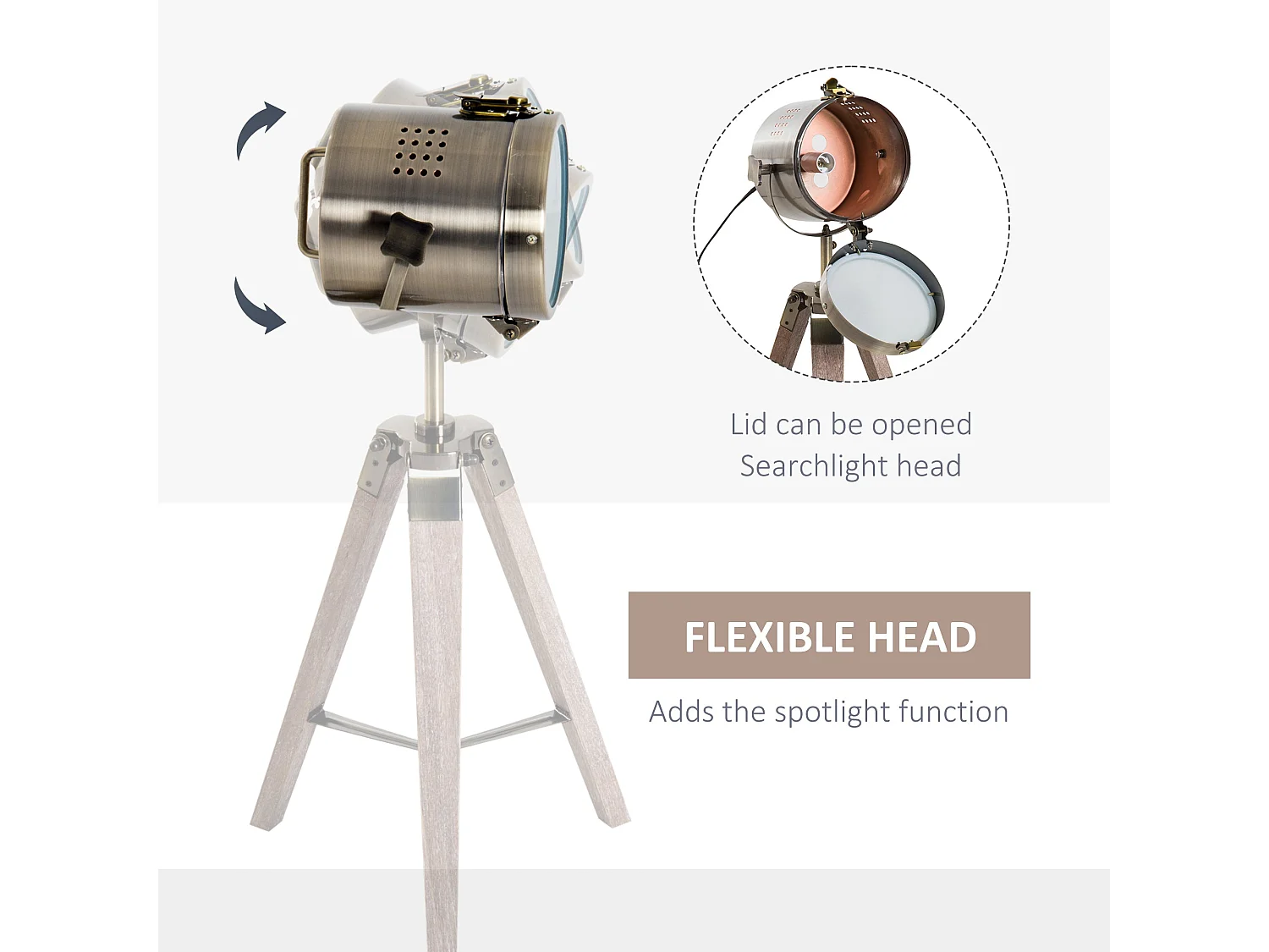 Vidira Vintage Brass Spotlight Tripod Table Lamp with Pine Legs