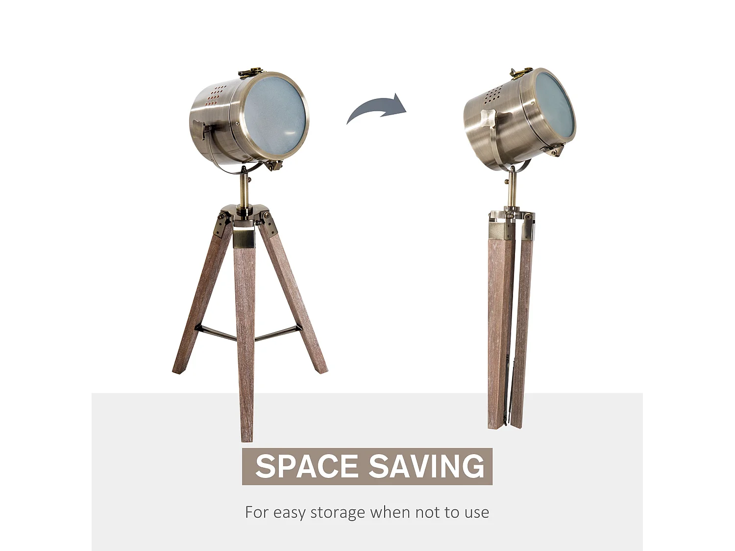Vidira Vintage Brass Spotlight Tripod Table Lamp with Pine Legs