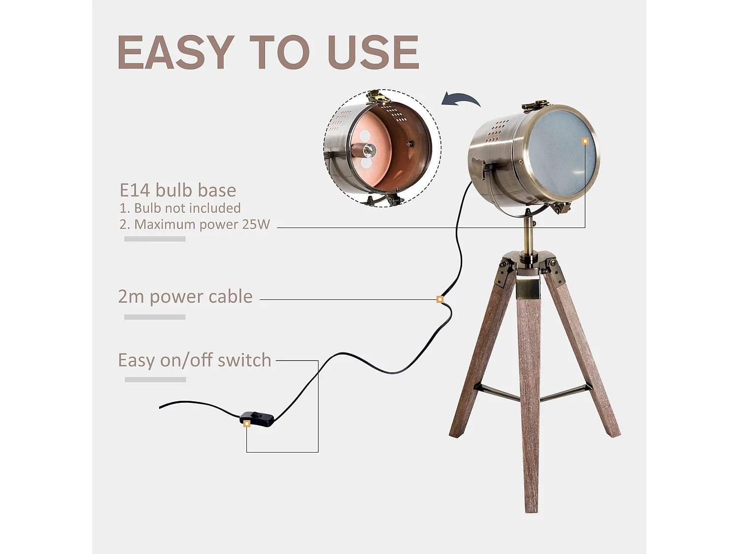 Vidira Vintage Brass Spotlight Tripod Table Lamp with Pine Legs