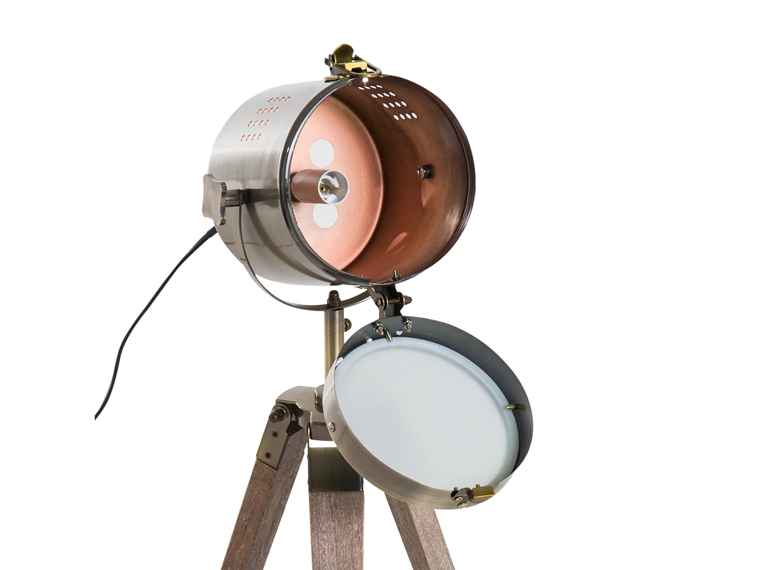 Vidira Vintage Brass Spotlight Tripod Table Lamp with Pine Legs