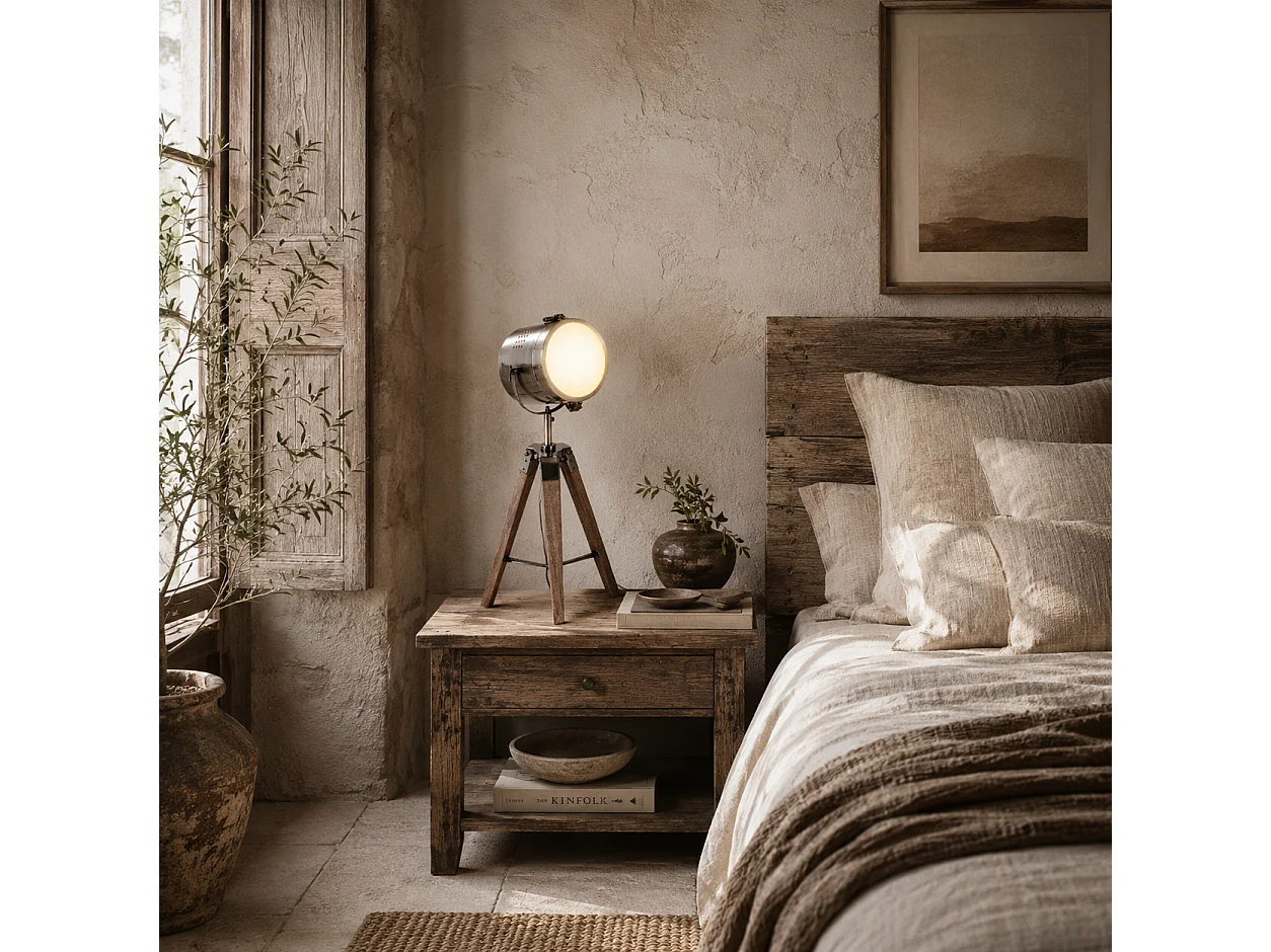 Vidira Vintage Brass Spotlight Tripod Table Lamp with Pine Legs