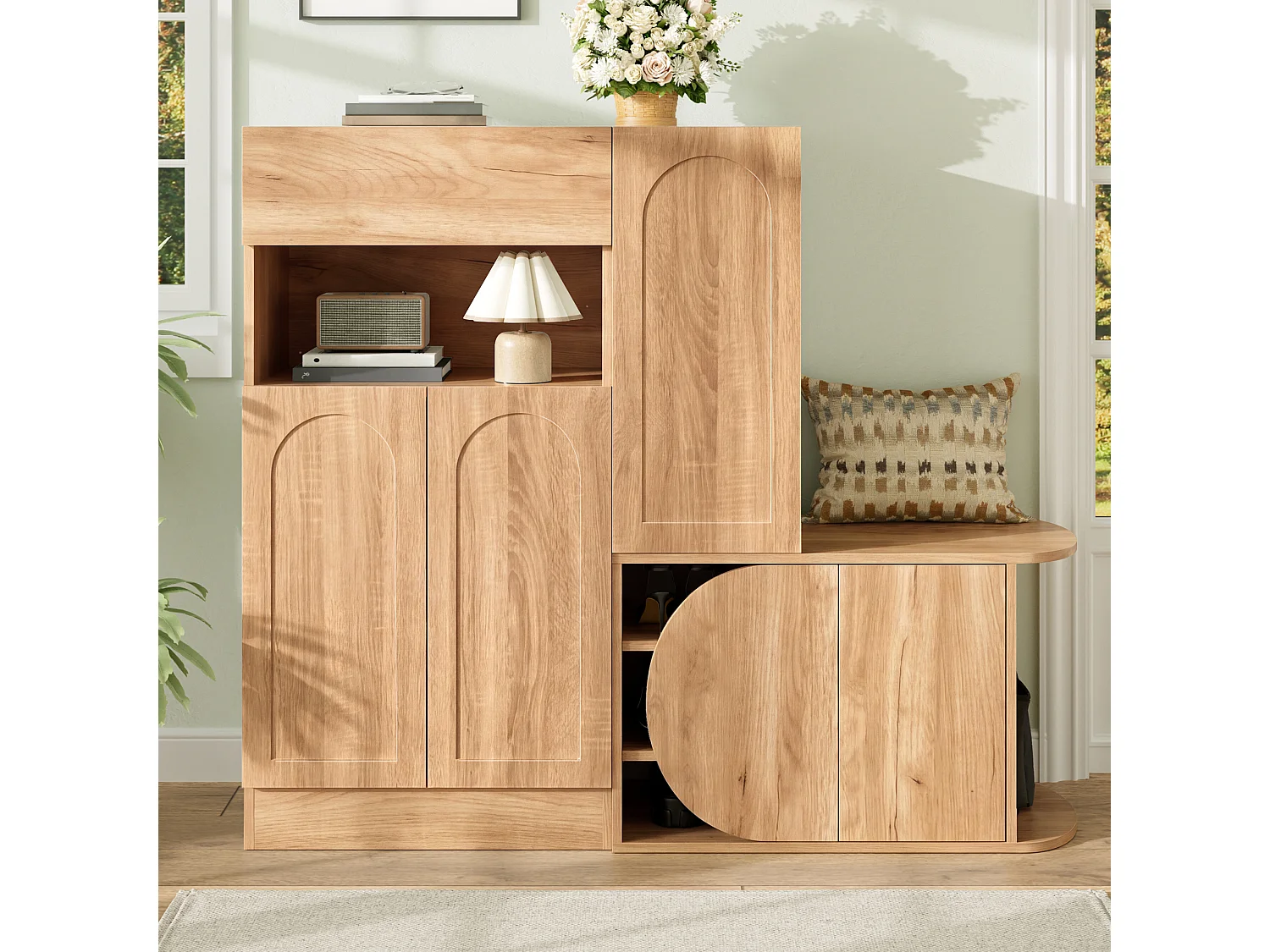 Meuble à chaussures moderne 130x35x110cm - avec 1 tiroir et 5 portes - étagères ouvertes - Naturel