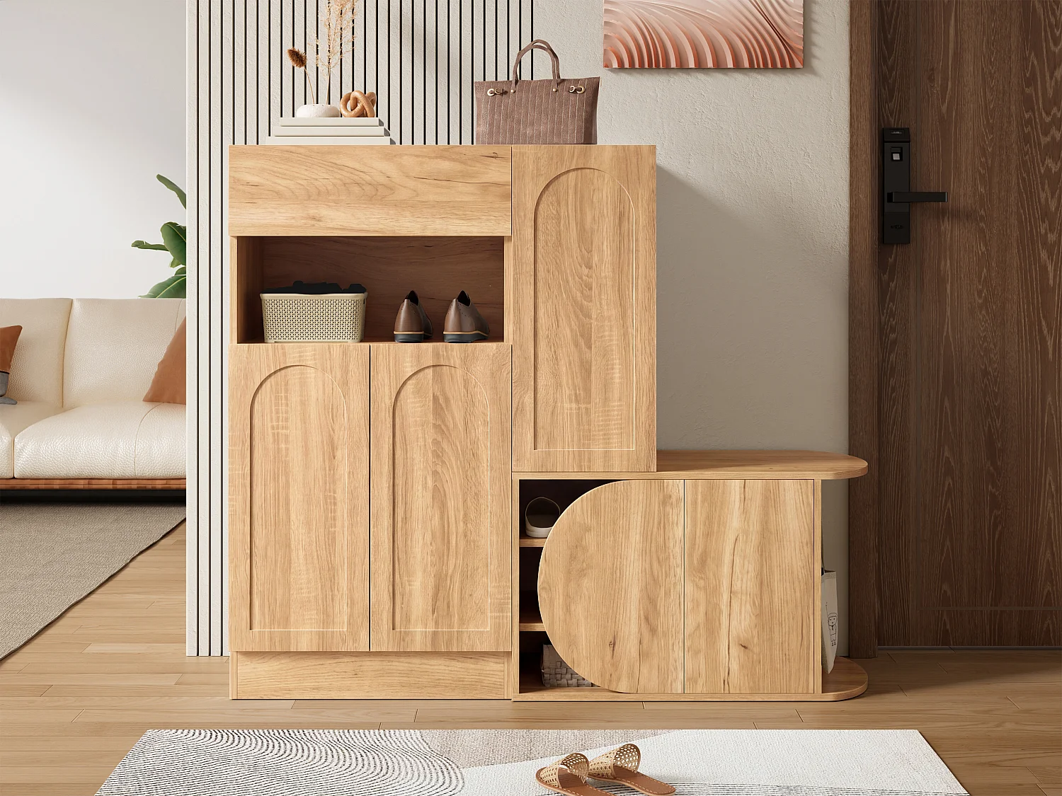 Meuble à chaussures moderne 130x35x110cm - avec 1 tiroir et 5 portes - étagères ouvertes - Naturel