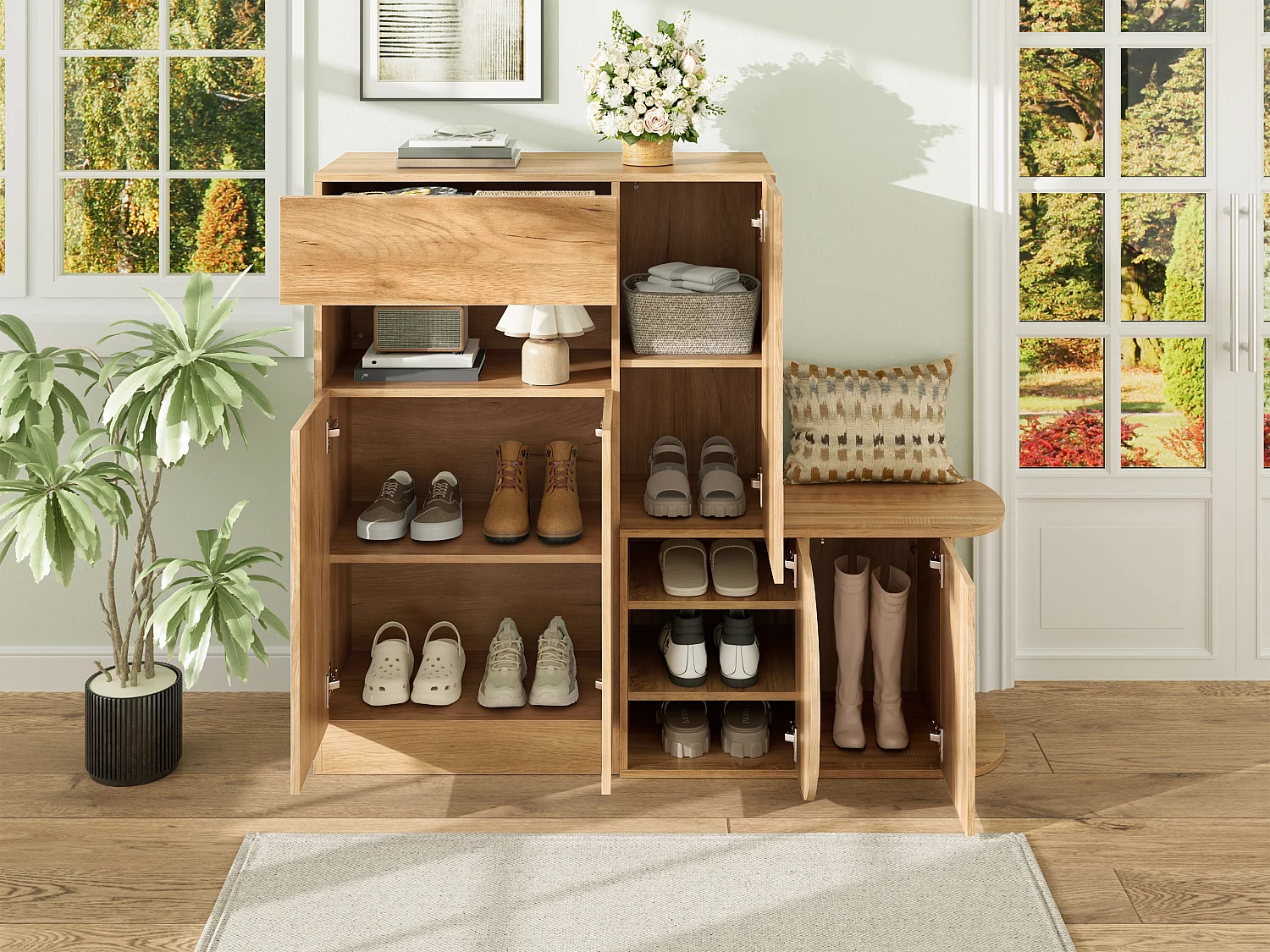 Meuble à chaussures moderne 130x35x110cm - avec 1 tiroir et 5 portes - étagères ouvertes - Naturel