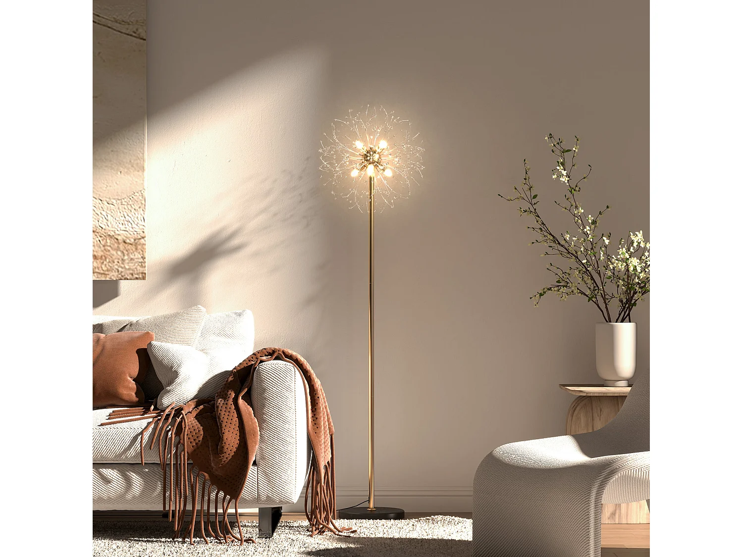 Dodine Gold Metal and Crystallite Dandelion Floor Lamp 160cm 8x G9 Foot Switch