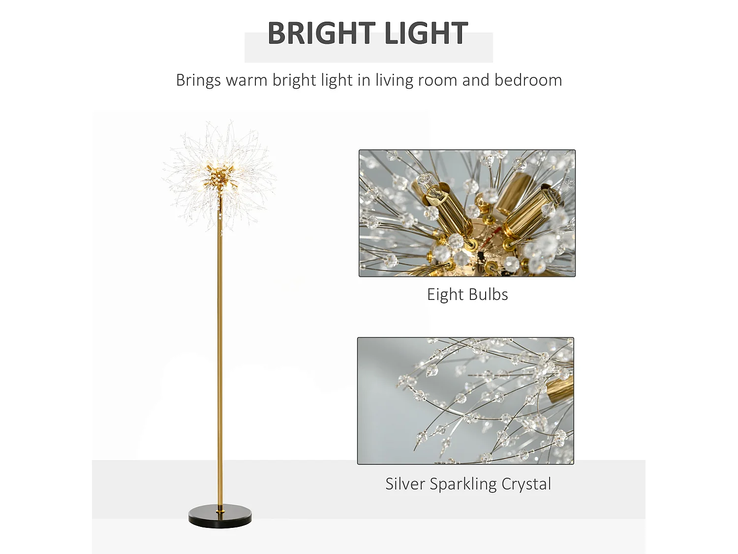 Dodine Gold Metal and Crystallite Dandelion Floor Lamp 160cm 8x G9 Foot Switch