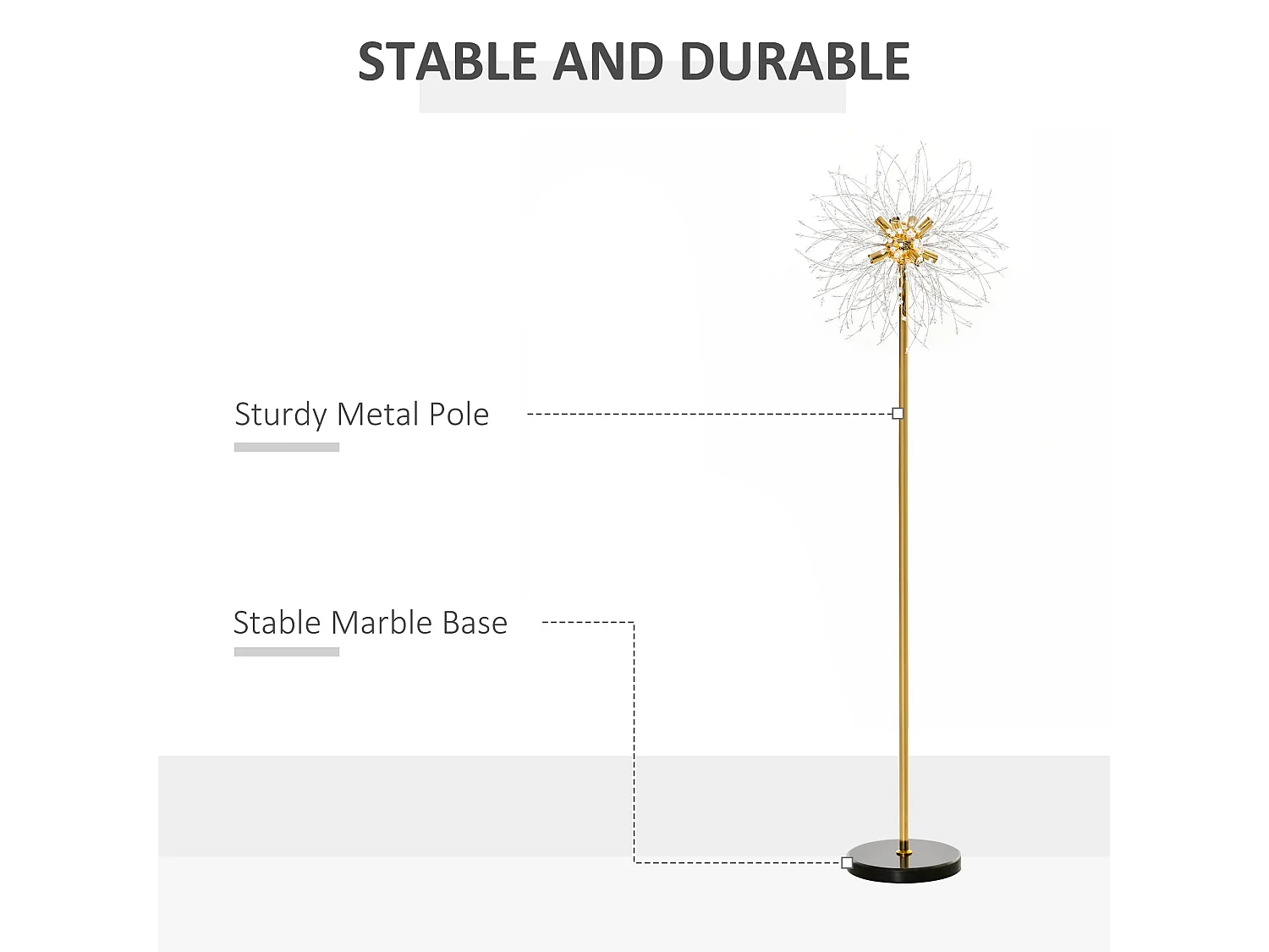 Dodine Gold Metal and Crystallite Dandelion Floor Lamp 160cm 8x G9 Foot Switch