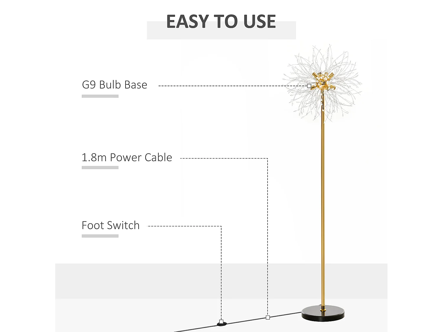 Dodine Gold Metal and Crystallite Dandelion Floor Lamp 160cm 8x G9 Foot Switch