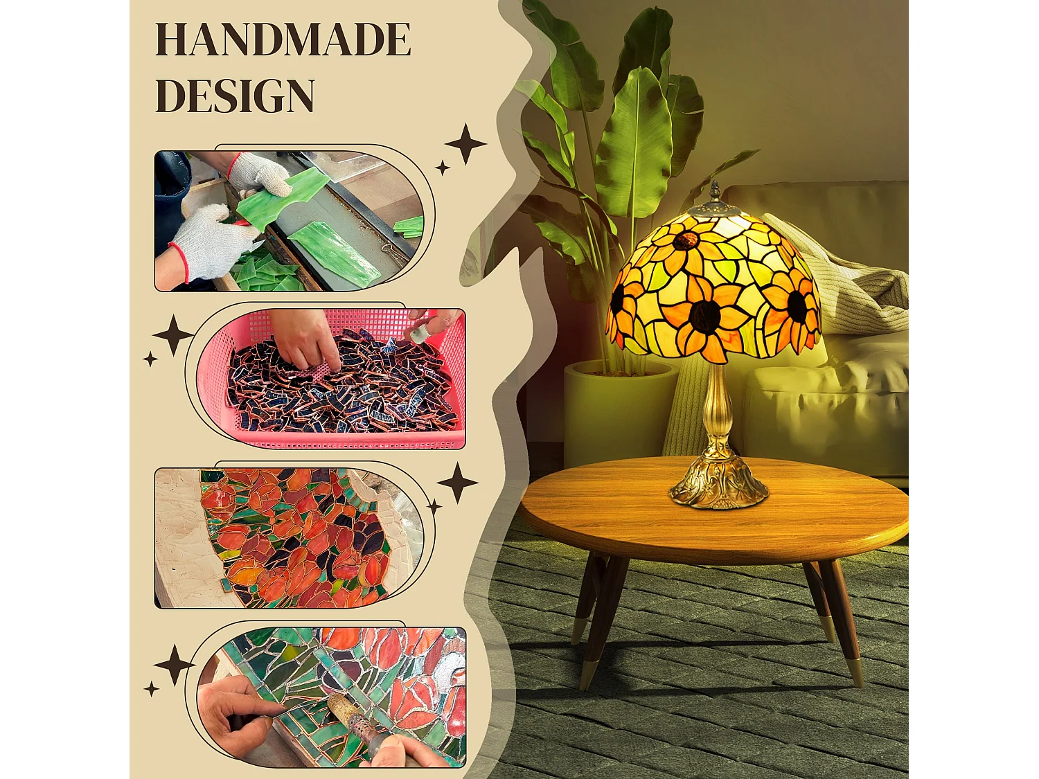 Sunflower Stained Glass Table Lamp 48cm E27 Zinc Alloy Base