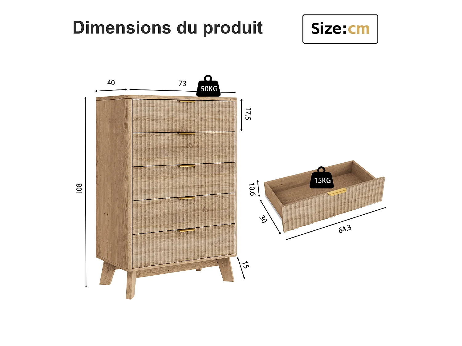 Commode en bois, 5 tiroirs, avec pieds antidérapants et rehausseurs, profondeur 40 cm, pour chambre, entrée, salon, bureau, 73x40x108 cm