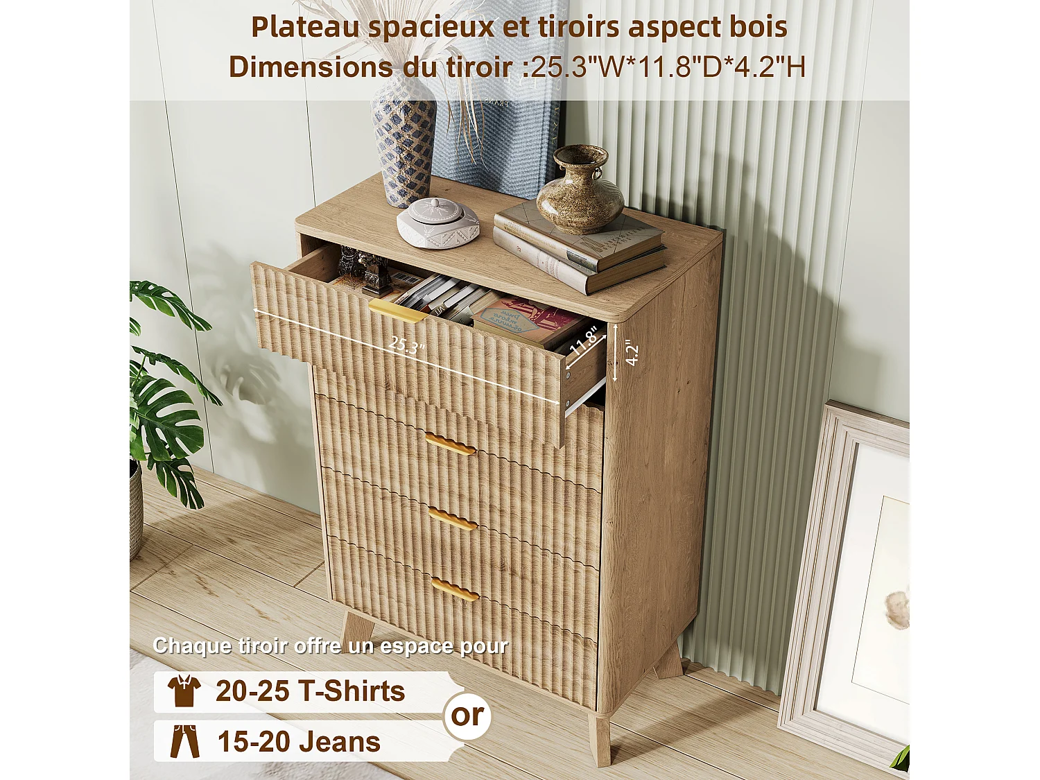 Commode en bois, 5 tiroirs, avec pieds antidérapants et rehausseurs, profondeur 40 cm, pour chambre, entrée, salon, bureau, 73x40x108 cm