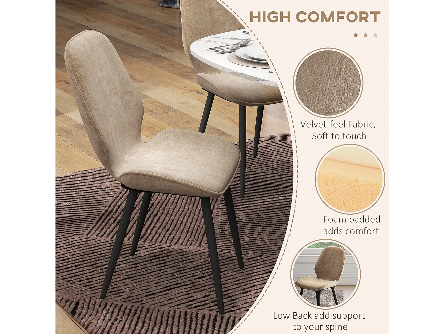 Sumaba Velvet Light Brown Dining Chairs Set of 2 Metal Legs Armless Modern Design