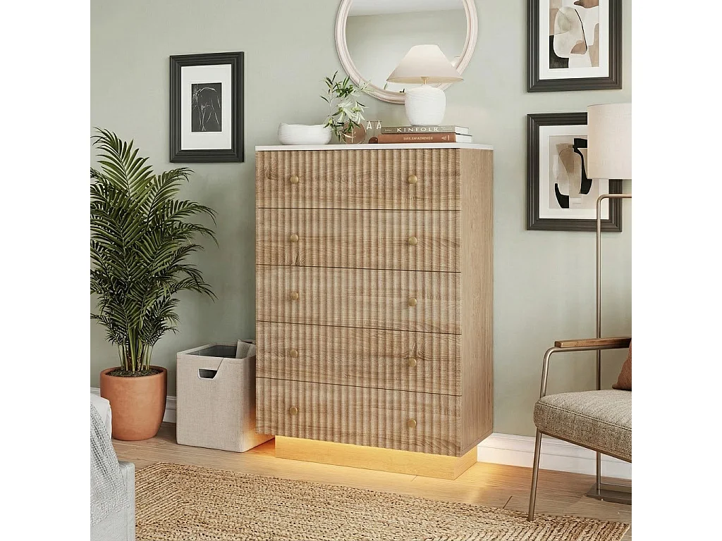 Commode en bois à 5 tiroirs, armoire de chambre avec éclairage LED réglable, avec protection anti-chute, poignées et pieds, pour chambre, bureau