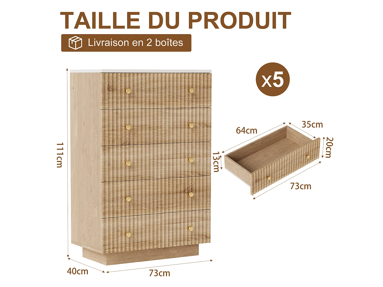 Commode en bois à 5 tiroirs, armoire de chambre avec éclairage LED réglable, avec protection anti-chute, poignées et pieds, pour chambre, bureau