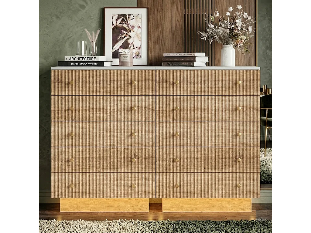 Commode en bois à 5 tiroirs, armoire de chambre avec éclairage LED réglable, avec protection anti-chute, poignées et pieds, pour chambre, bureau