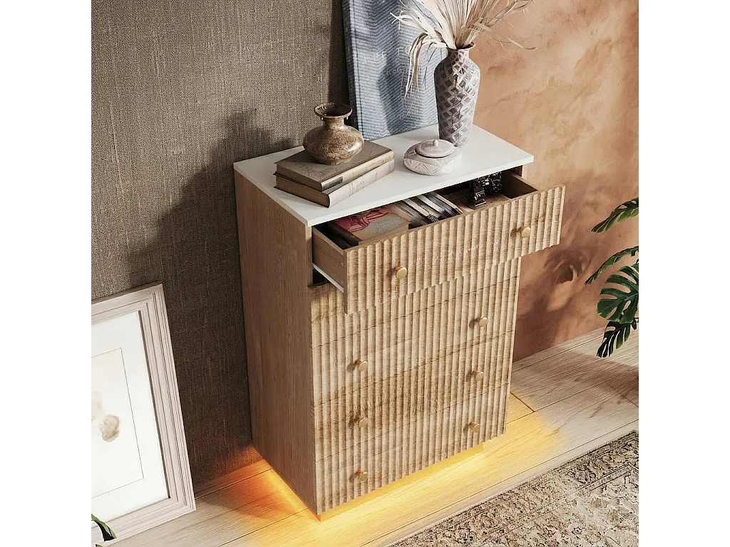 Commode en bois à 5 tiroirs, armoire de chambre avec éclairage LED réglable, avec protection anti-chute, poignées et pieds, pour chambre, bureau