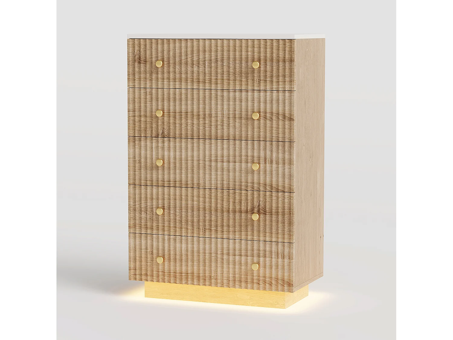 Commode en bois à 5 tiroirs, armoire de chambre avec éclairage LED réglable, avec protection anti-chute, poignées et pieds, pour chambre, bureau
