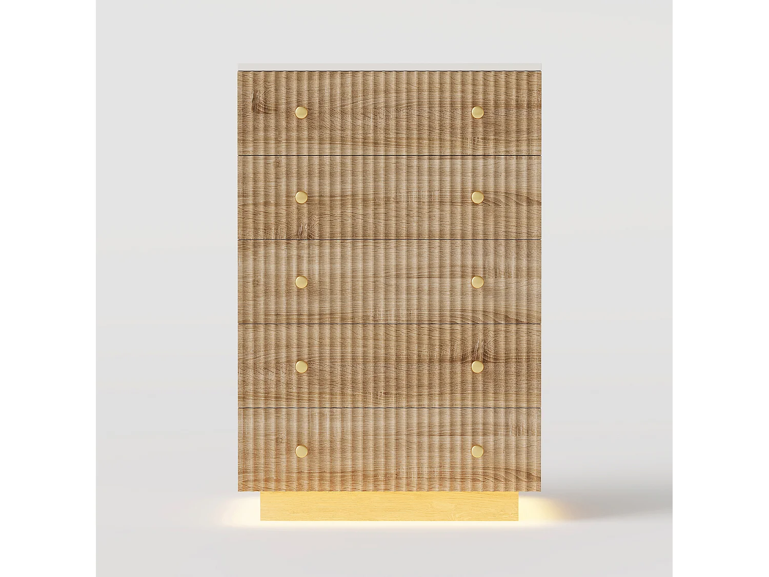 Commode en bois à 5 tiroirs, armoire de chambre avec éclairage LED réglable, avec protection anti-chute, poignées et pieds, pour chambre, bureau