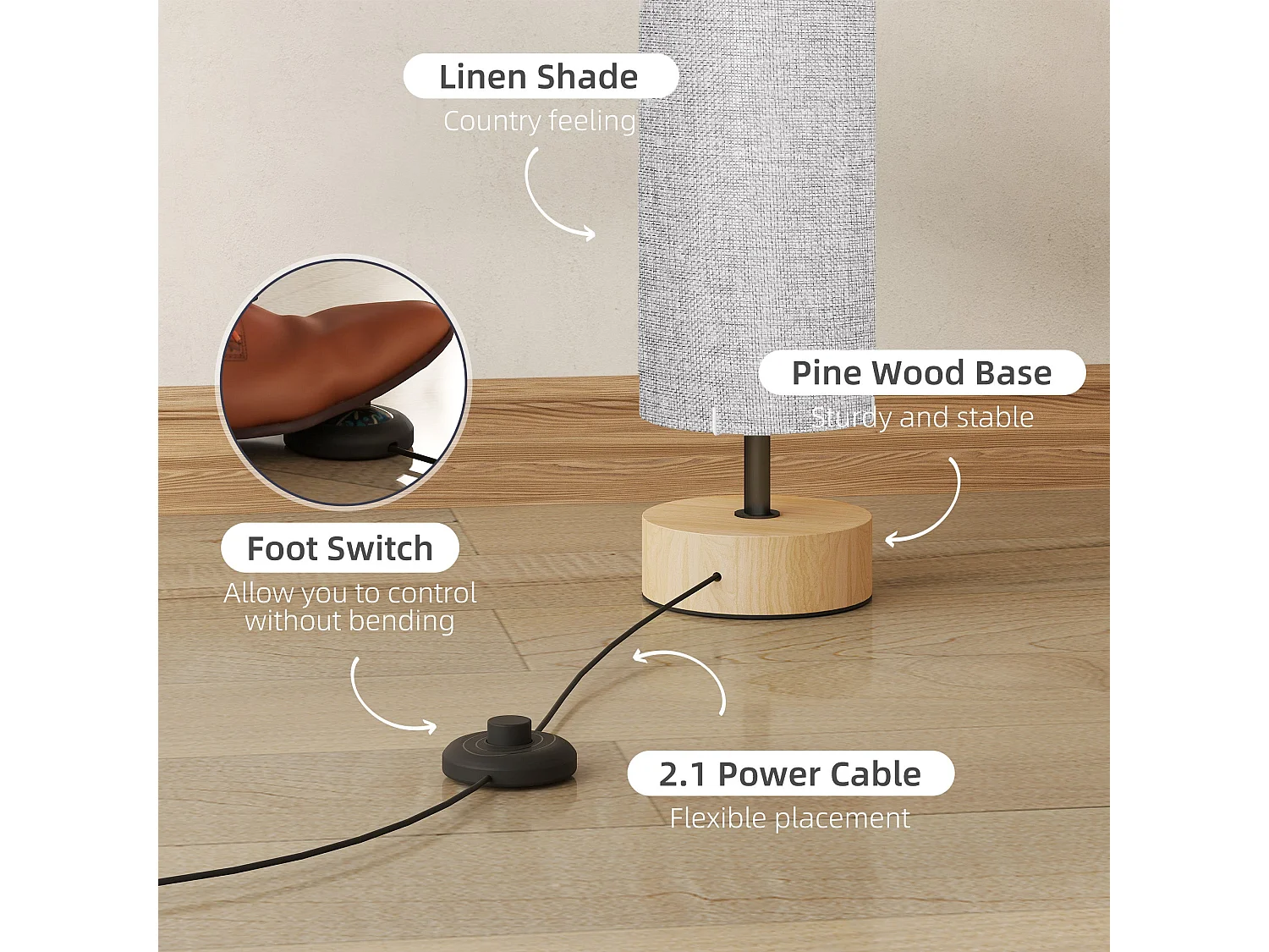 Luretti 120cm Modern Grey Wood and Linen Effect Fabric Floor Lamp