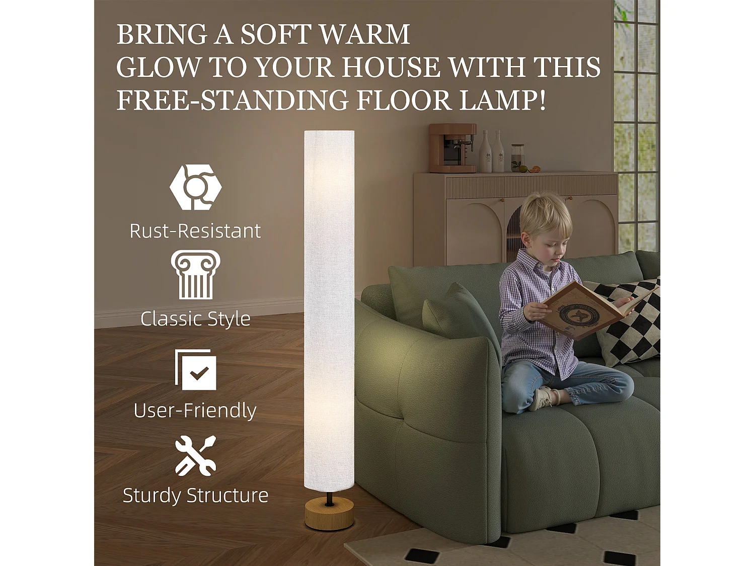 Luretti 120cm Modern Grey Wood and Linen Effect Fabric Floor Lamp