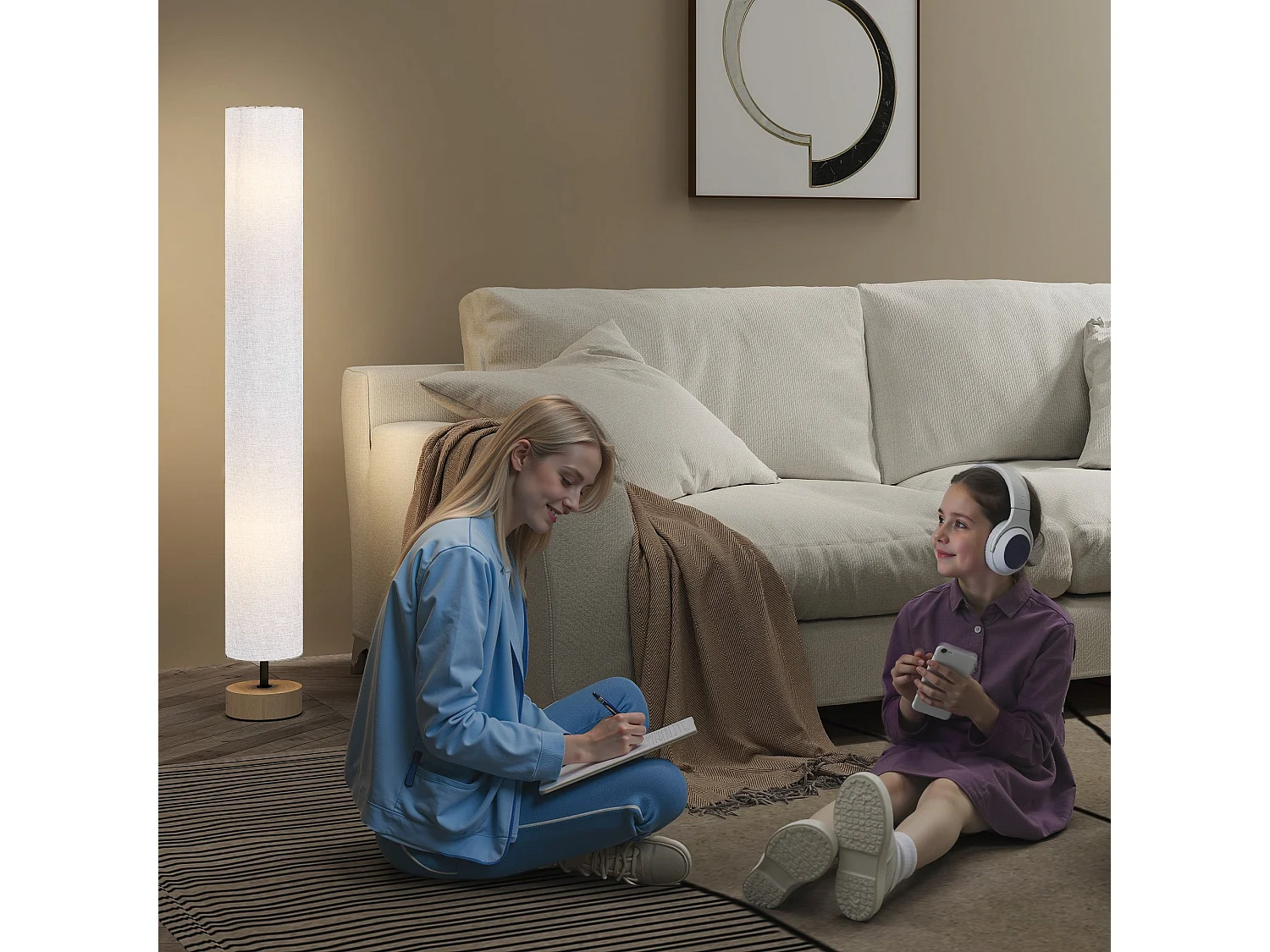 Luretti 120cm Modern Grey Wood and Linen Effect Fabric Floor Lamp