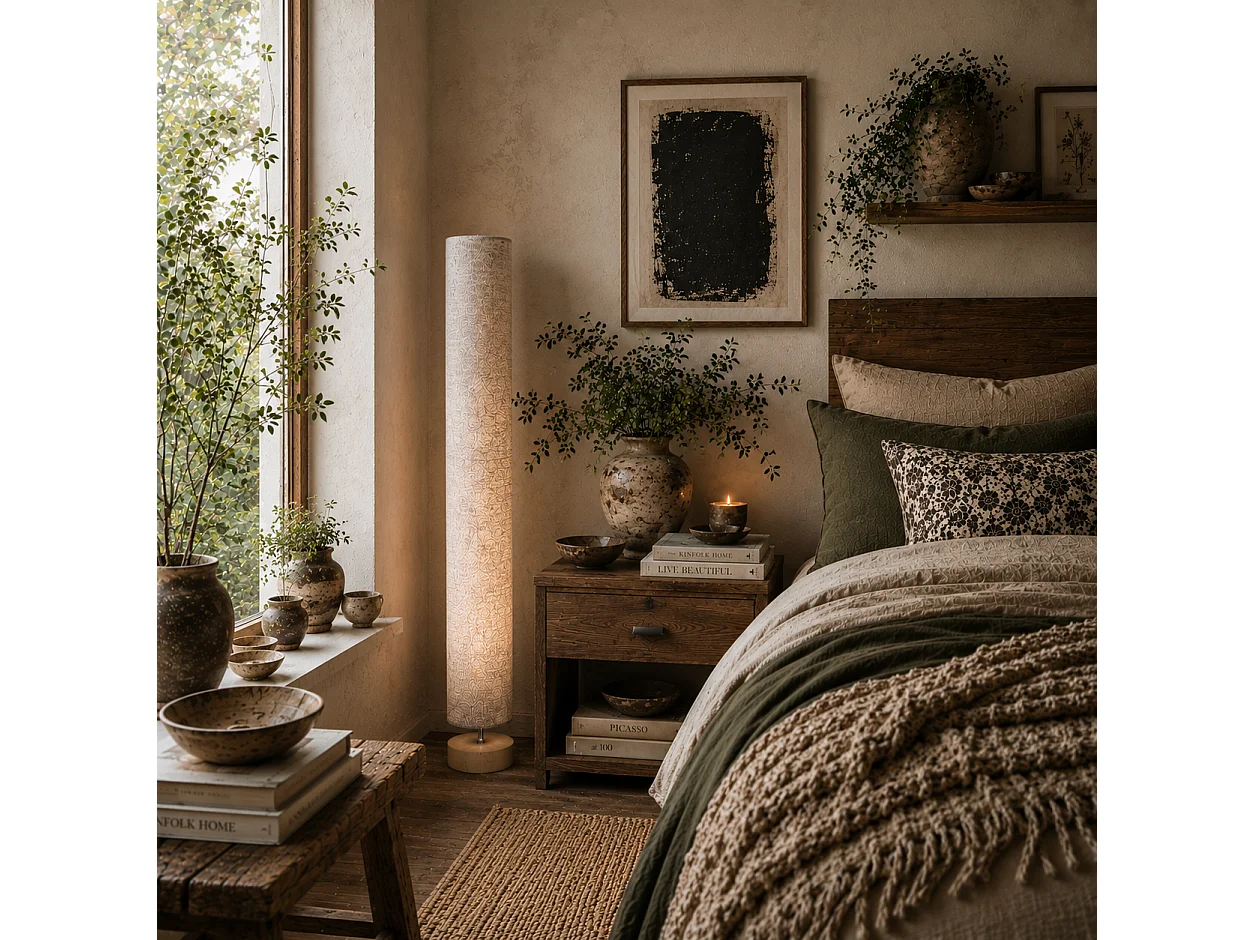 Luretti 120cm Modern Grey Wood and Linen Effect Fabric Floor Lamp