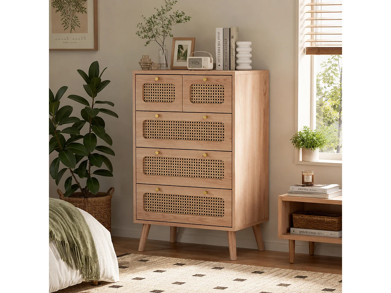 Commode à 5 Tiroirs, Commode Bois et cannage rotin, 60x34x91cm Meuble de Rangement pour Bureau,Salon,Chambre à Coucher - PE Rotin