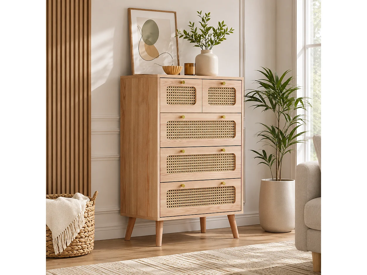 Commode à 5 Tiroirs, Commode Bois et cannage rotin, 60x34x91cm Meuble de Rangement pour Bureau,Salon,Chambre à Coucher - PE Rotin